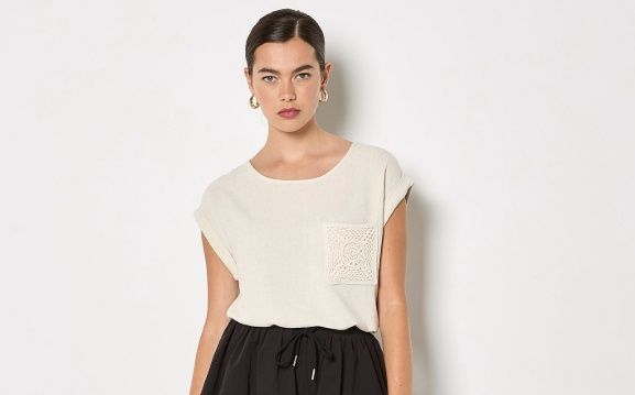Apricot Crochet Pocket Turn Up Tee - Stone