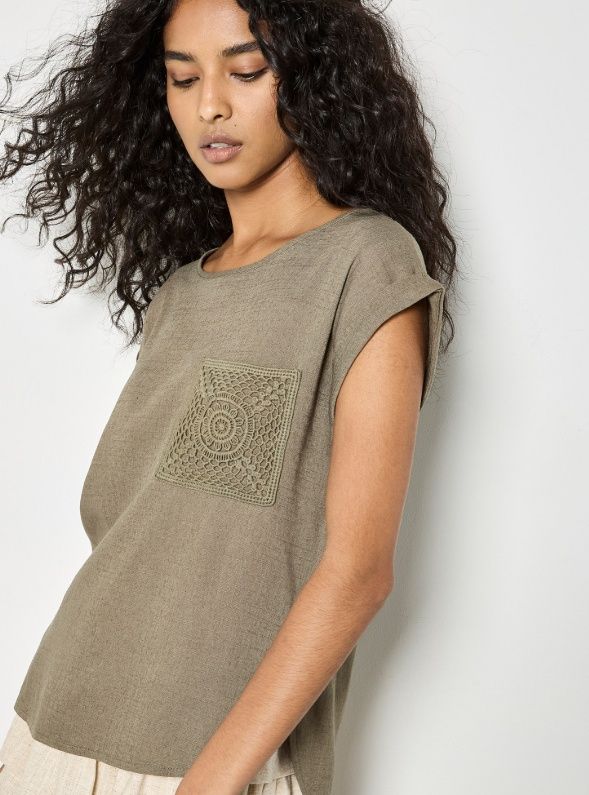 Apricot Crochet Pocket Turn Up Tee - Khaki