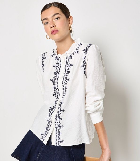 Apricot Ruffle Neck Embroided Blouse - White