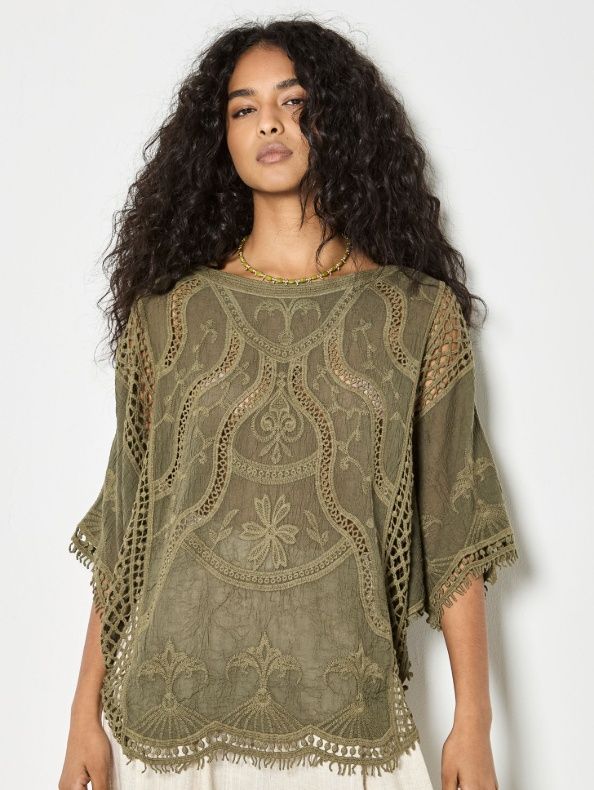 Apricot Embroided Cotton Crochet Top - Khaki
