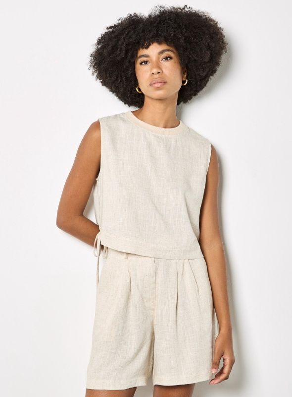 Apricot Ribbed Neck Side Tie Shell Top - Stone