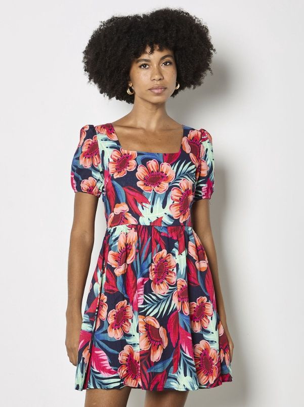 Apricot Tropical Floral Square Neck Mini Dress - Fuchsia