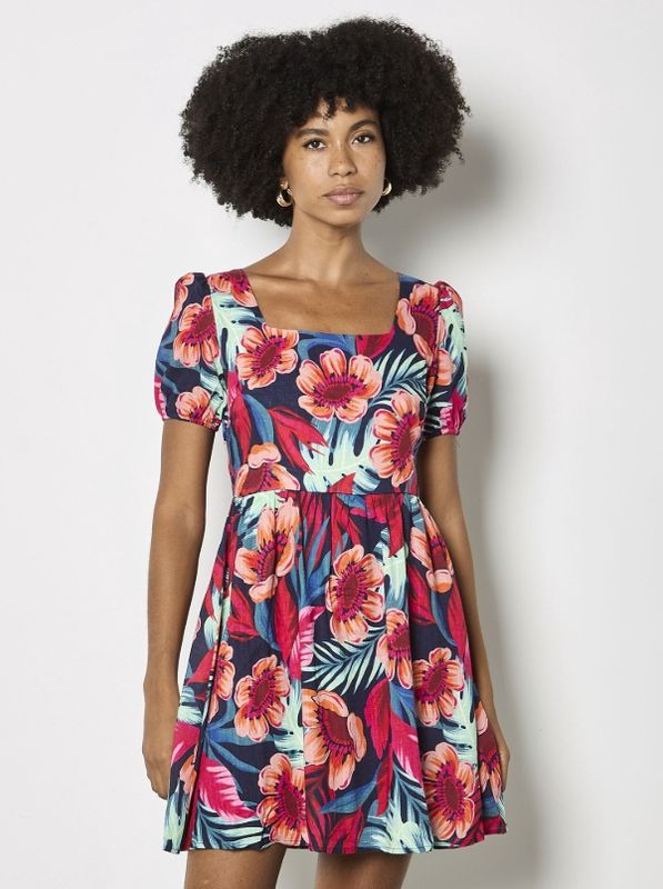 Apricot Tropical Floral Square Neck Mini Dress - Fuchsia