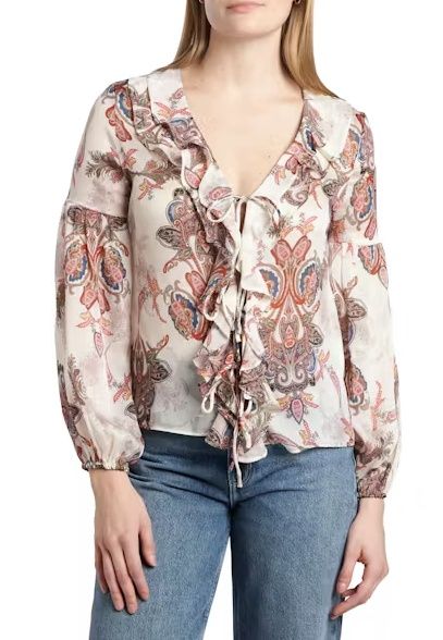 Ls Emy Ruffled Top - Paisley Bloom Print