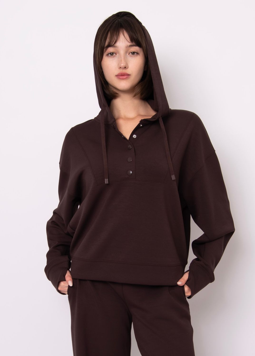 SALLIE SOFT KNIT LS SNAP FRONT HOODIE -BROWN