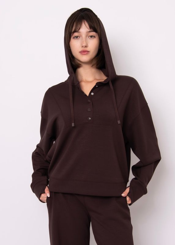 SALLIE SOFT KNIT LS SNAP FRONT HOODIE -BROWN