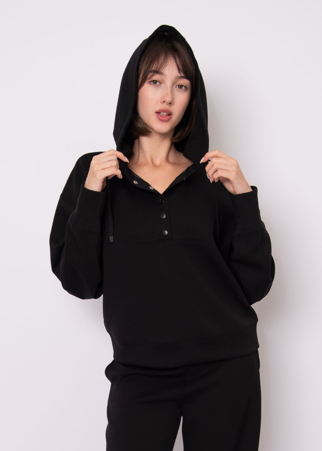 SALLIE SOFT KNIT LS SNAP FRONT HOODIE -BLACK