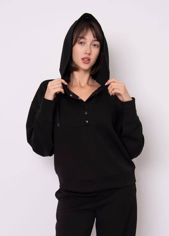 SALLIE SOFT KNIT LS SNAP FRONT HOODIE -BLACK