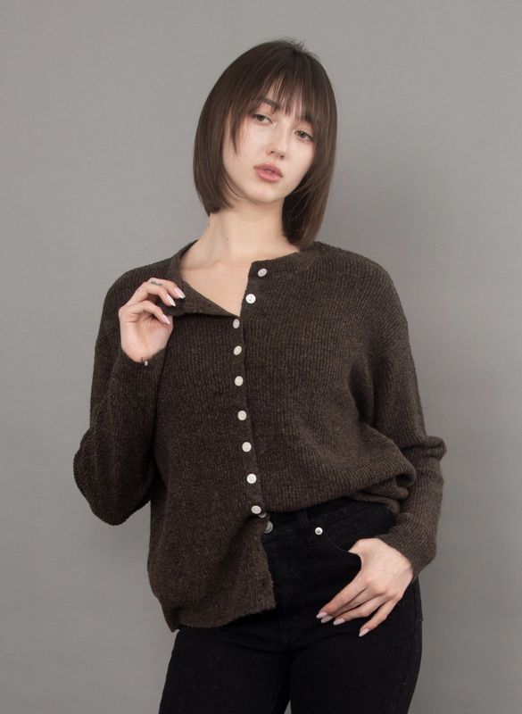 Vhea Long Sleeve Crew Neck Cardigan - Dk Chocolate