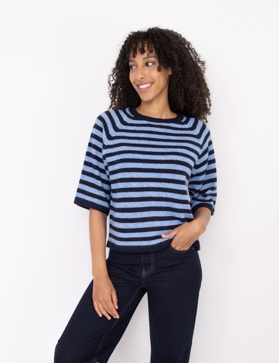 Ulla Short Reglan Sleeve Crew Neck Pull-Over - Navy Blue