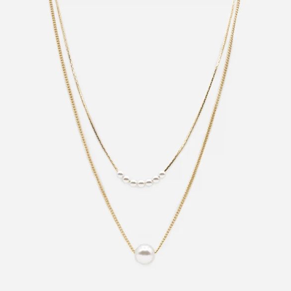 Collier doré double chaîne perle ronde deux formats - PL233N005DO