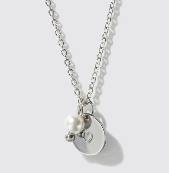 Mini (Enfant) Silvered Necklace, Heart Engraved Pendant &amp;pearl Stainless Steel