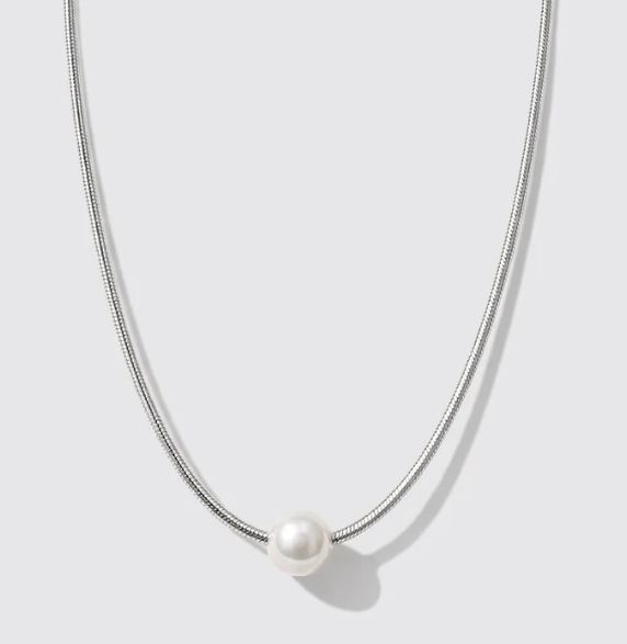 Silvered Snake Mesh Necklace in Stainless Steel with Pearl