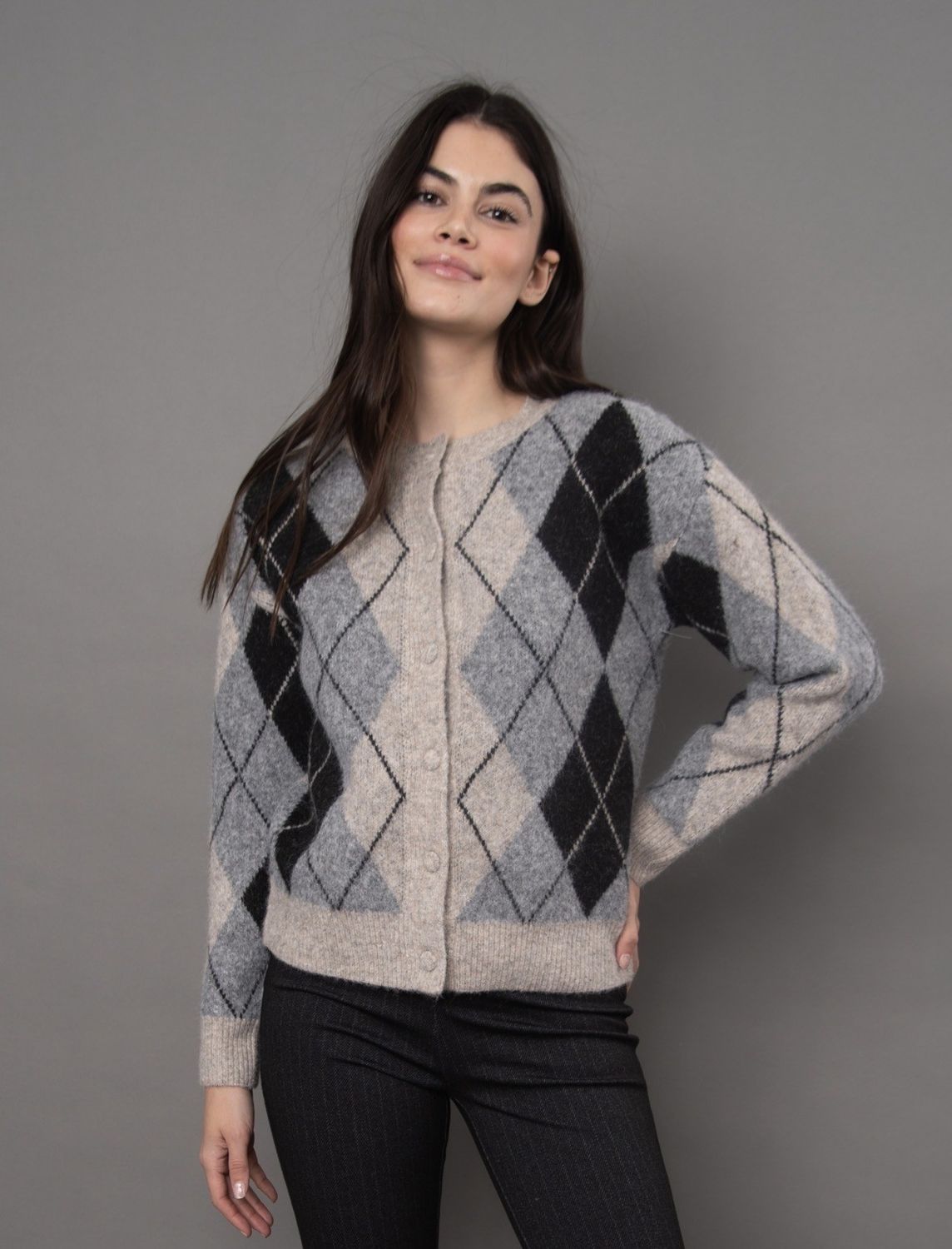 Agrippina Long Sleeve Crew Neck Cardigan - Argyle