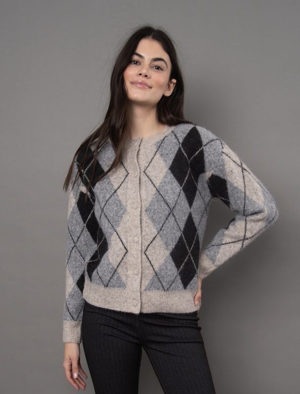 Agrippina Long Sleeve Crew Neck Cardigan - Argyle