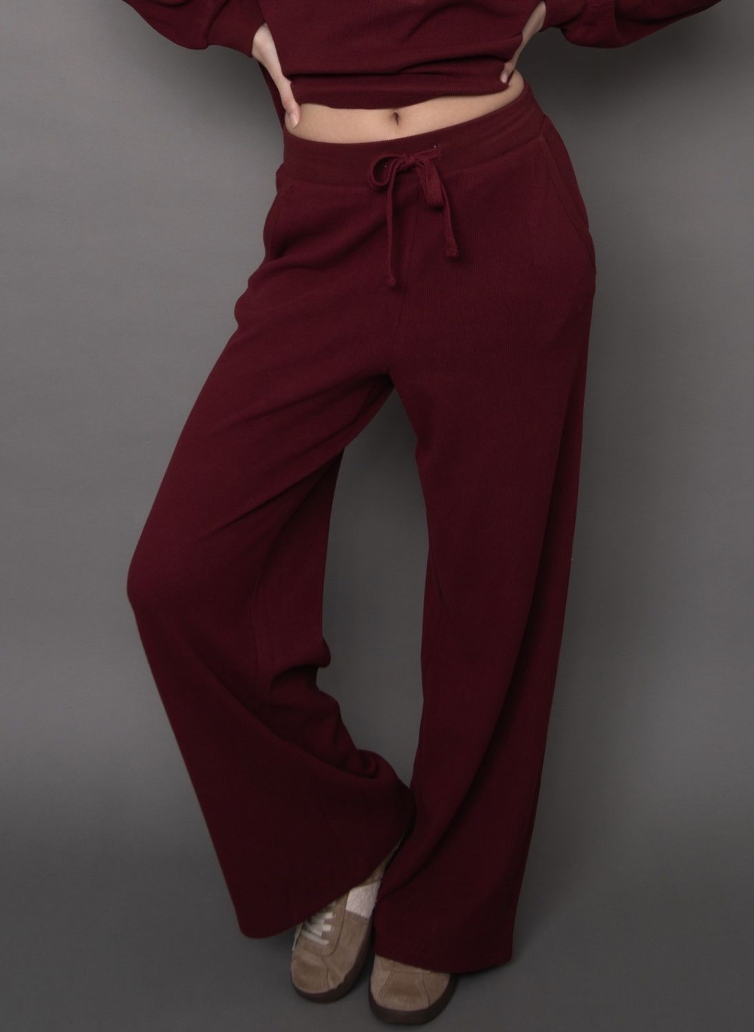 Philo Cozy Waffle Drawstring Pull On Wide Leg Pant - Deep Burgundy