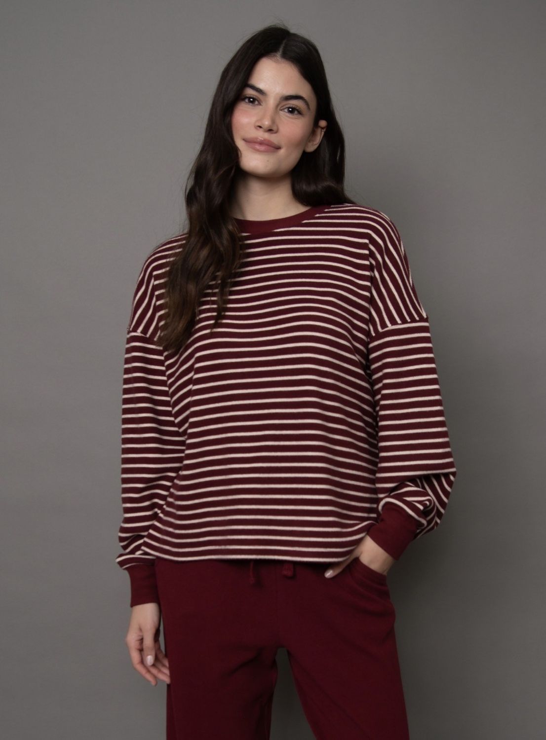 Colbert Striped Cozy Waffle Ls Top - Deep Burgundy