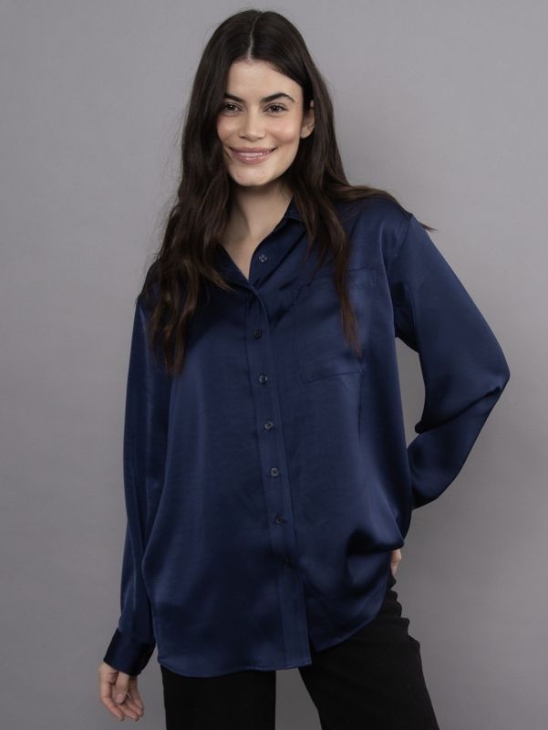 Padme Satin Ls Oversized Shirt - Navy