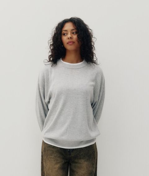 Duet Cashmere Crew - Heather Grey/White