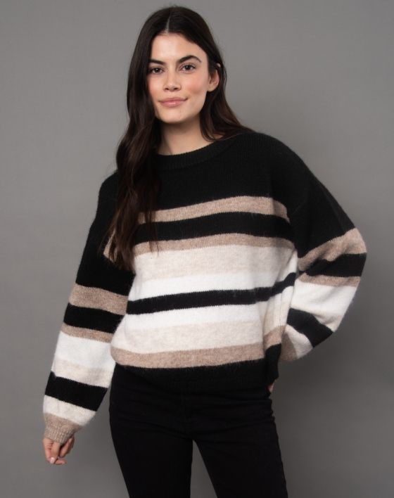 FAUSTINA LONG SLEEVE STRIPE PULL-OVER SWEATER - BLACK NATURAL
