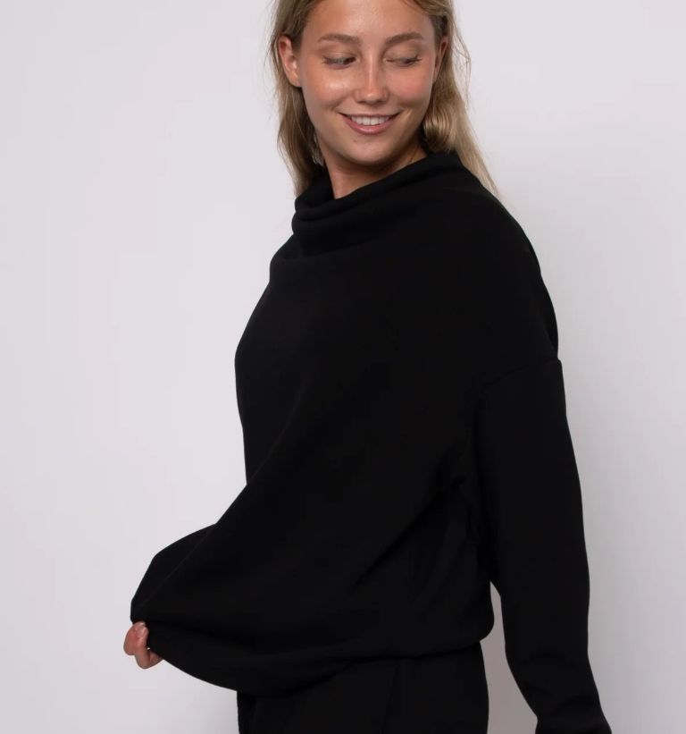 Freiza Soft Knit Funnel Neck Draped Pullover - Black