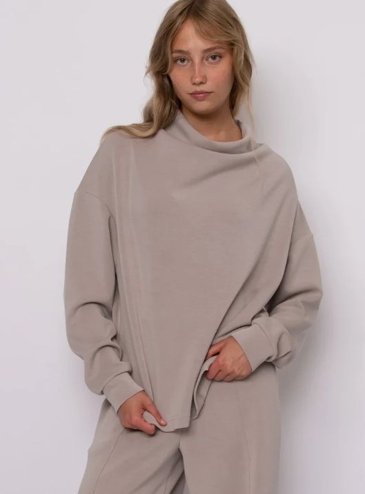 Freiza Soft Knit Funnel Neck Draped Pullover - Birch