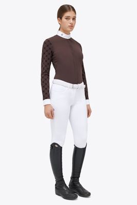 Women&#39;s Competition Shirt Mini Orbit Flock Printed Long Sleeves, Color: Dark Brown, Size: XS