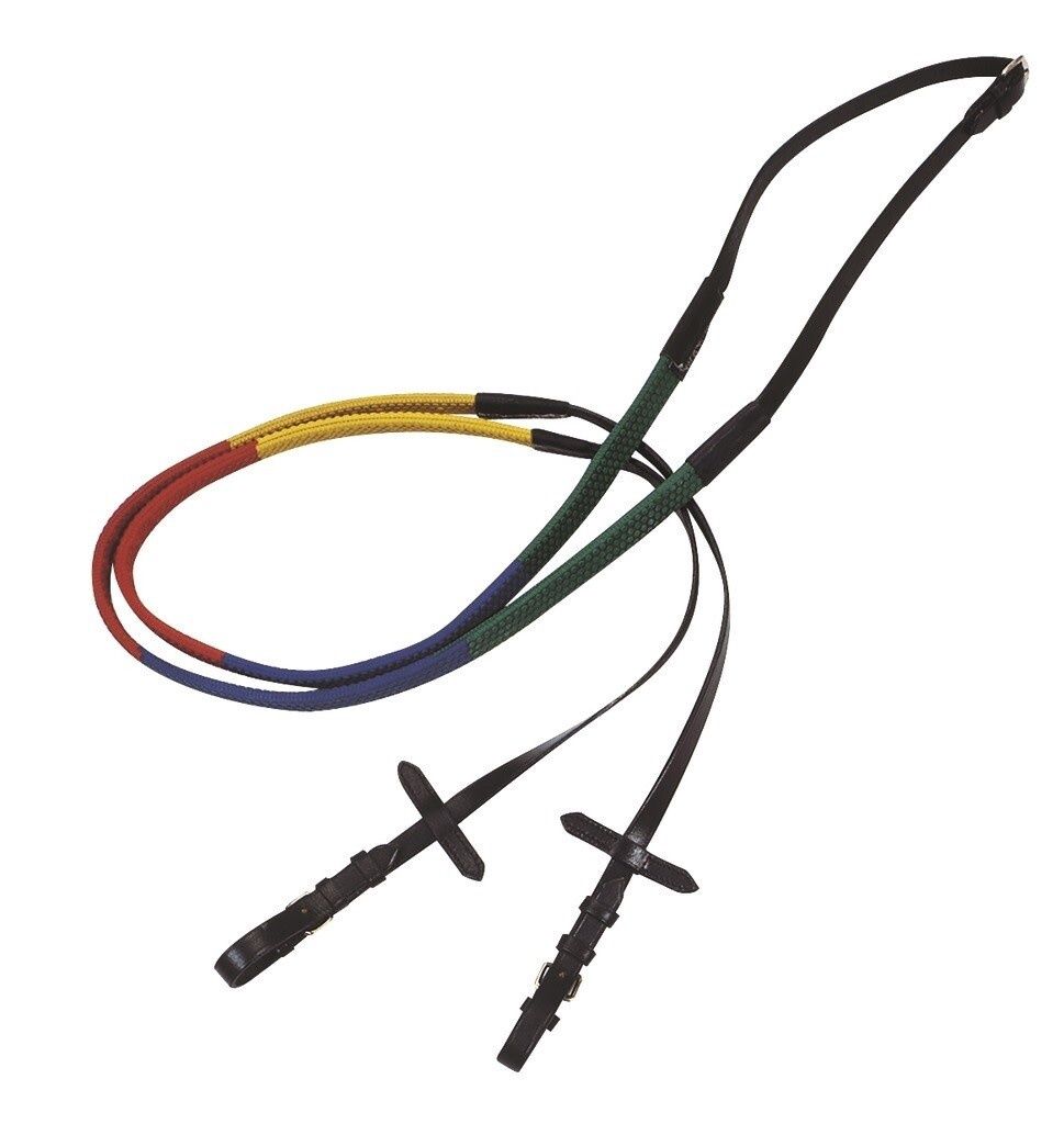 Norton Club Rubber Education Reins, Color: Zwart - Groen/Navy/Rood/Geel, Size: Shetland