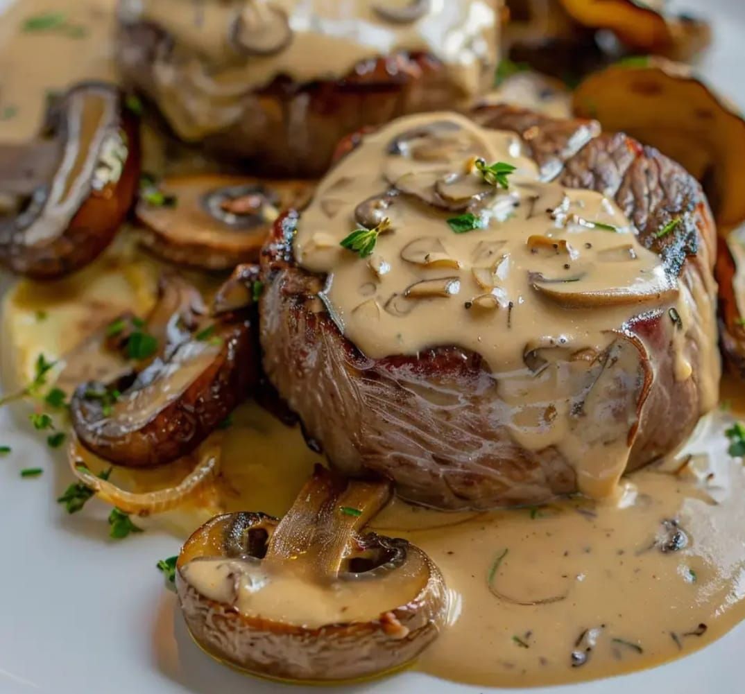 Filet Mignon sauce Boursin avec ses champignons et ses petits légumes