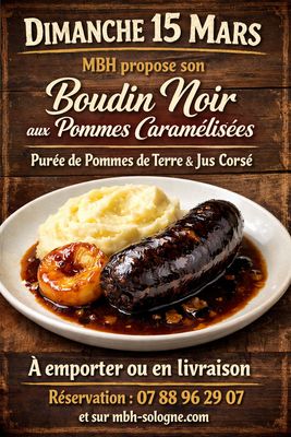 Dimanche 08 Mars 2026 midi  : Boudin noir accompagné de pomme caramélisée de sa purée et de son jus corsé 