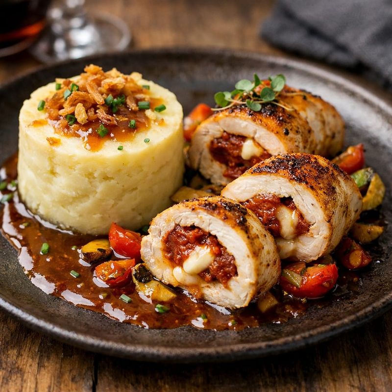 Ballotine de poulet au chorizo et mozzarella accompagné de sa purée et de sa sauce