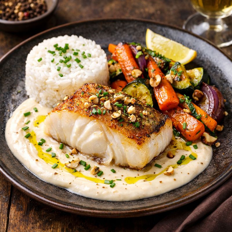 Poisson rôti accompagné de sa sauce d ail, ses légumes rôtis et son riz