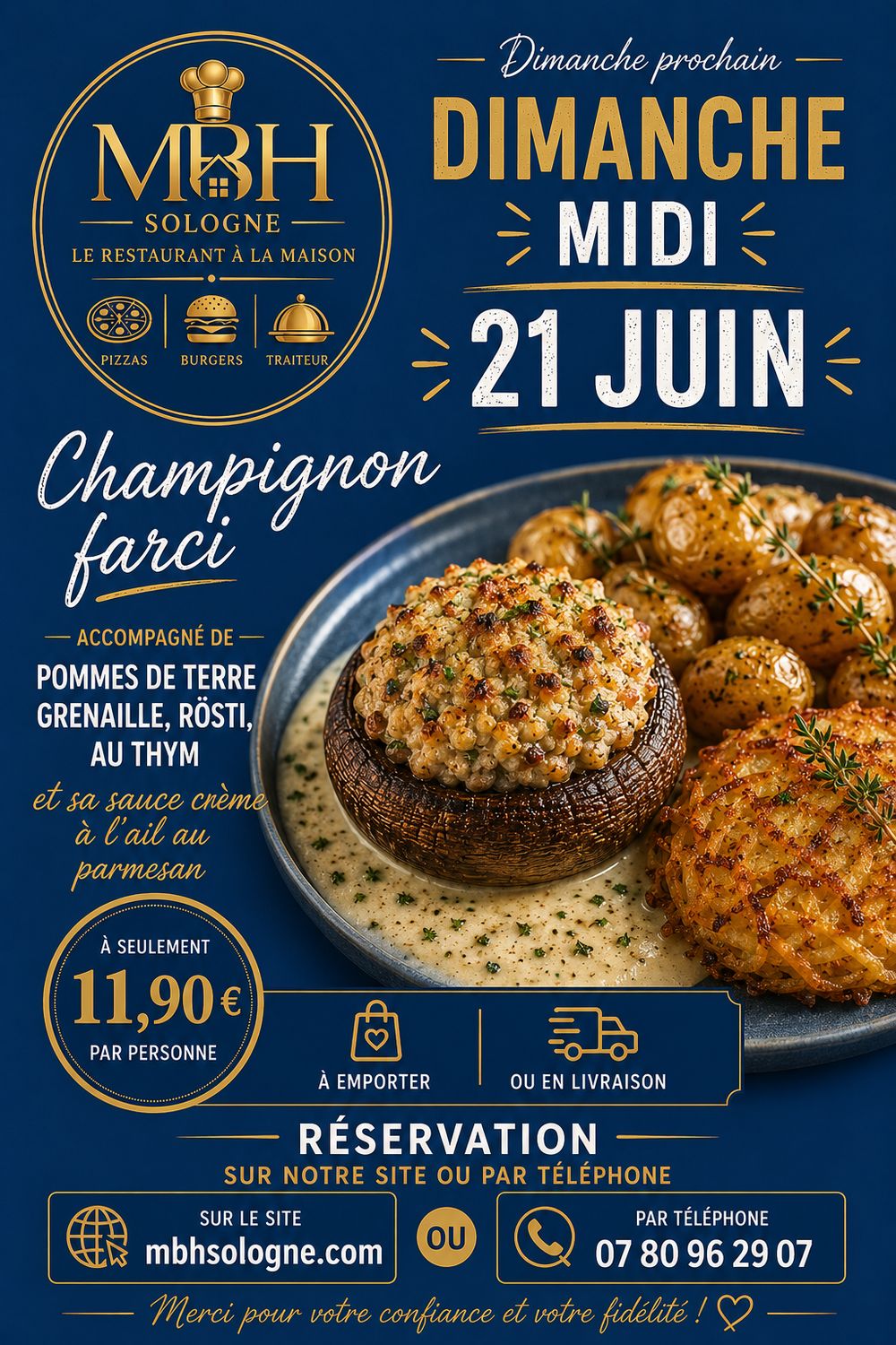 Champignon farci accompagné de ses pommes de terre grenailles, rosti et de sa sauce à l'ail et parmesan