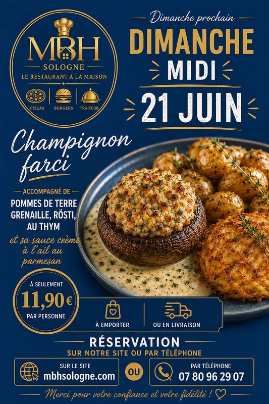 Champignon farci accompagné de ses pommes de terre grenailles, rosti et de sa sauce à l'ail et parmesan