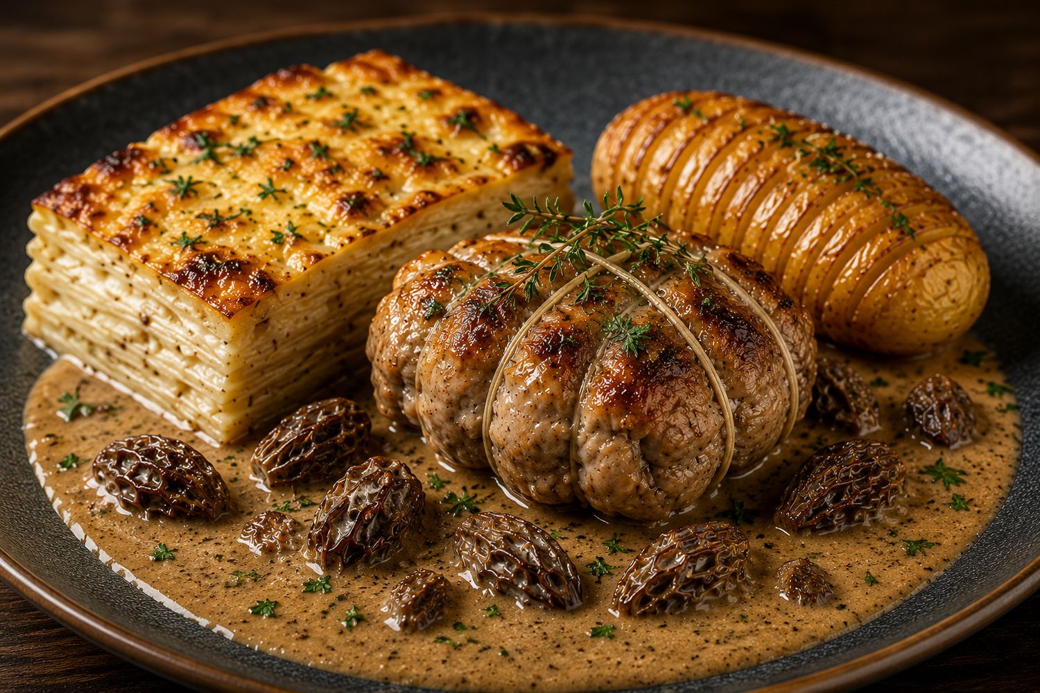 Paupiette de veau avec sa sauce aux morilles son gratin de céleri rave et pommes de terre + son millefeuille de pommes de terre 