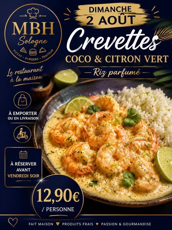 Crevettes coco au citron vert accompagné de son riz parfumé
