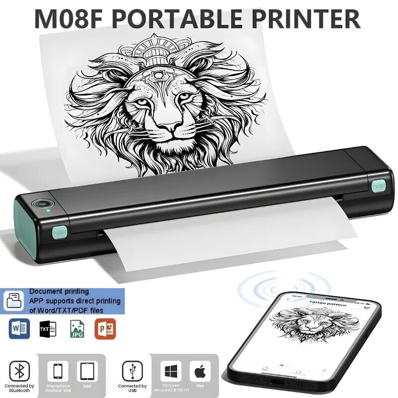M08F A4 Paper Portable Thermal Printer 216mm Wireless Bluetooth Printer Compatible With Android iOS Laptop For Travel Office