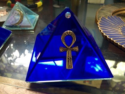 Glass Pyramid Box (Cobalt Blue Ankh, 4-inch)