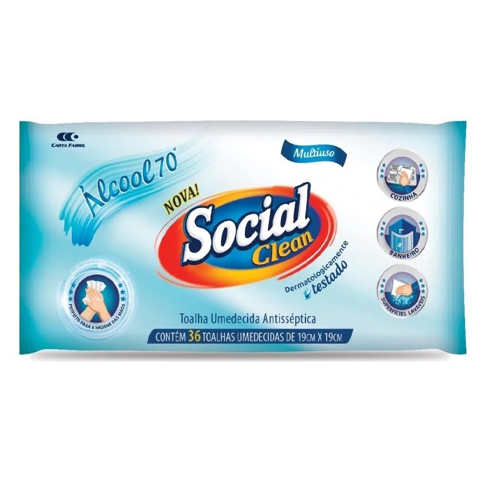 Toalha Umedecida Antisséptica - Com Alcool  70º - Social Clean