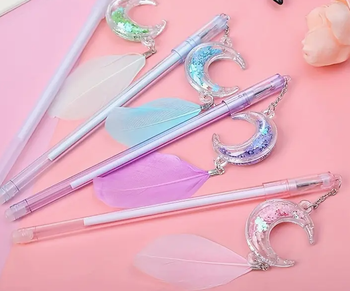 Sequin Feather Moon Pendant Gel Pen