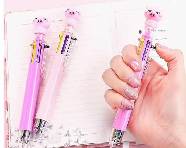 Pink Pig Cartoon 6-Color Ballpoint Pens