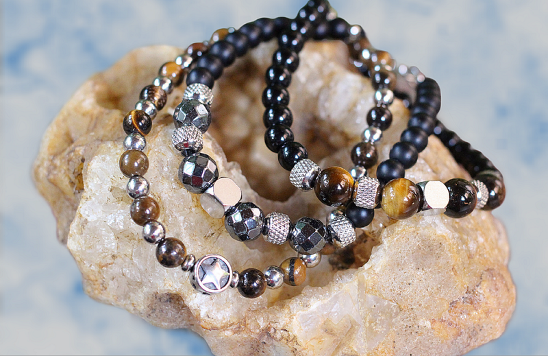 Pulseras para cabellero (Ojo de tigre, hematita)