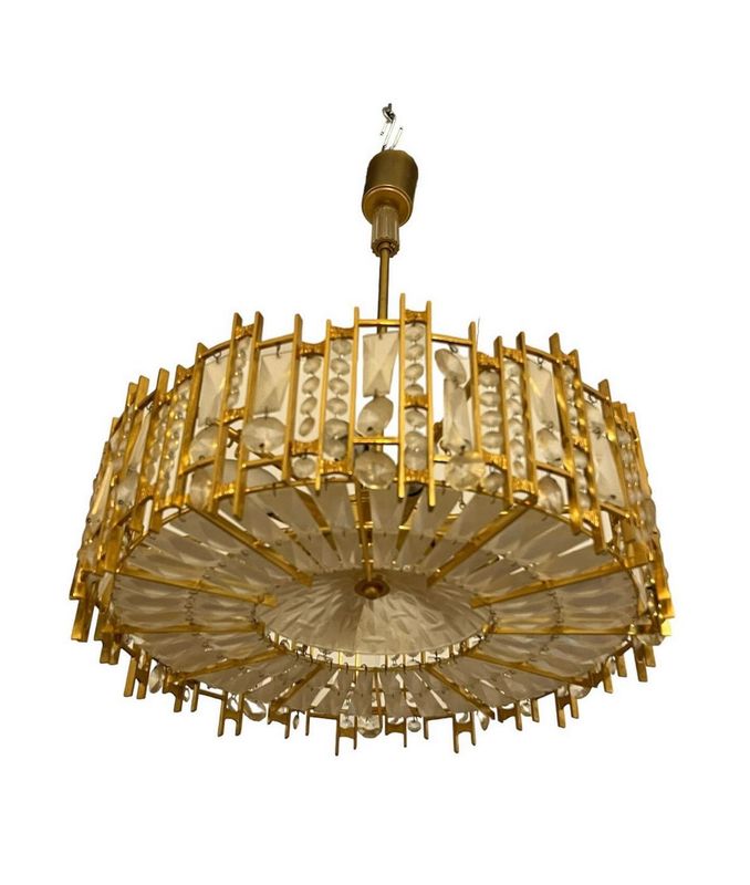 Lustre en bronze, laiton et cristaux attribué à Palwa, Allemagne années 1960