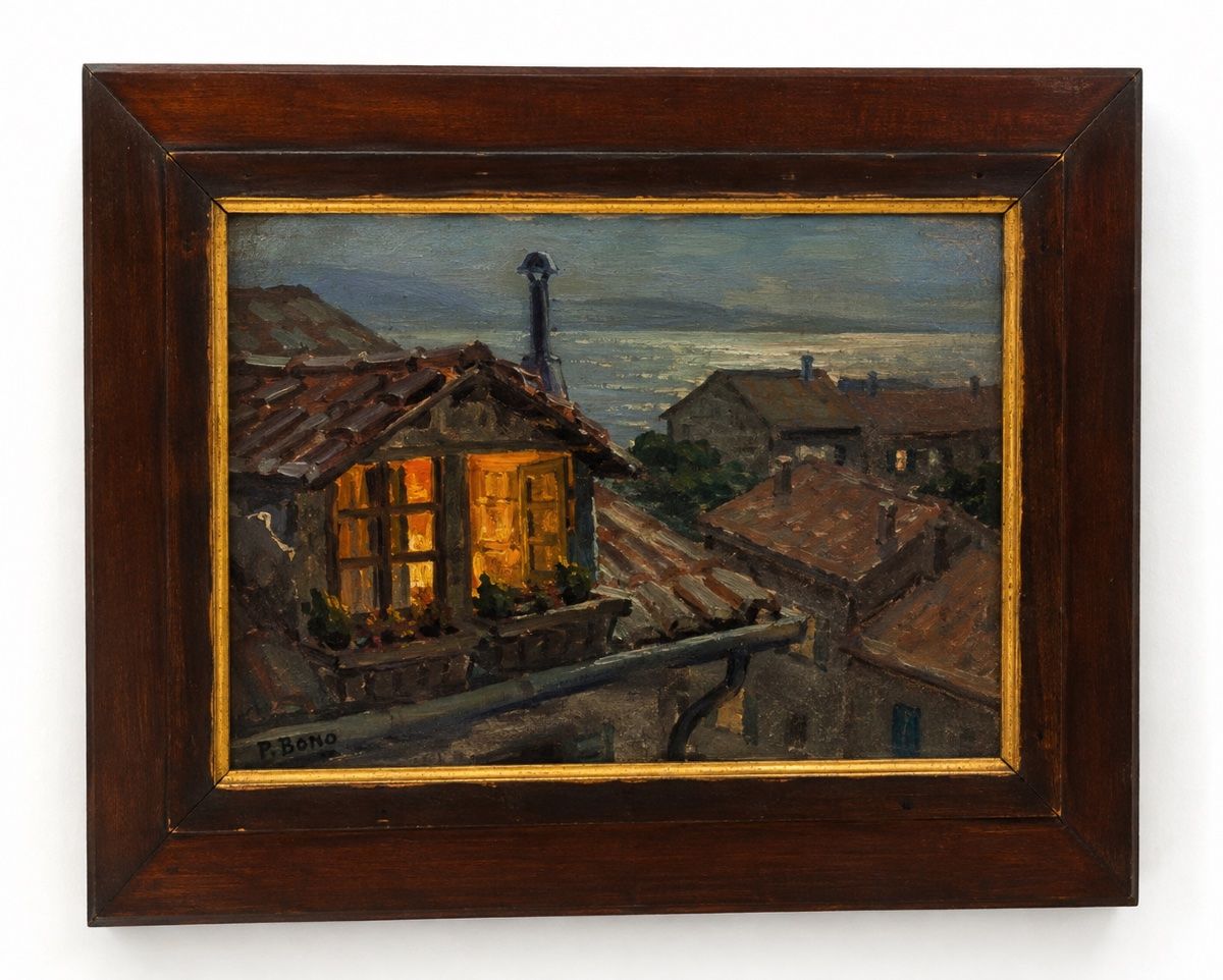Primitif Bono (1880-1955) – “Par nuit claire, Vieux Cannes” – Huile sur panneau