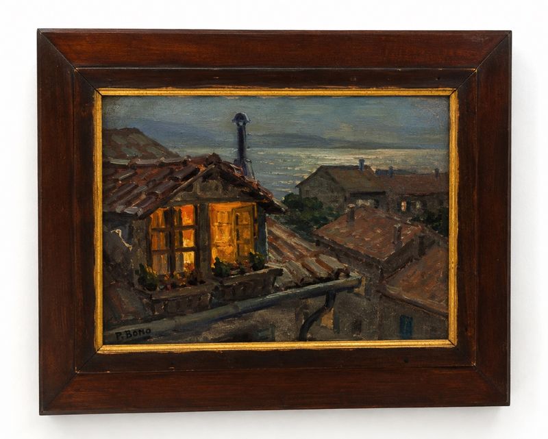 Primitif Bono (1880-1955) – “Par nuit claire, Vieux Cannes” – Huile sur panneau