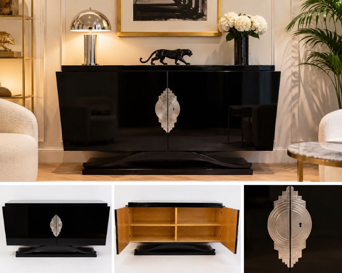Buffet de style Art Déco, entièrement laqué noir brillant, en bel état.