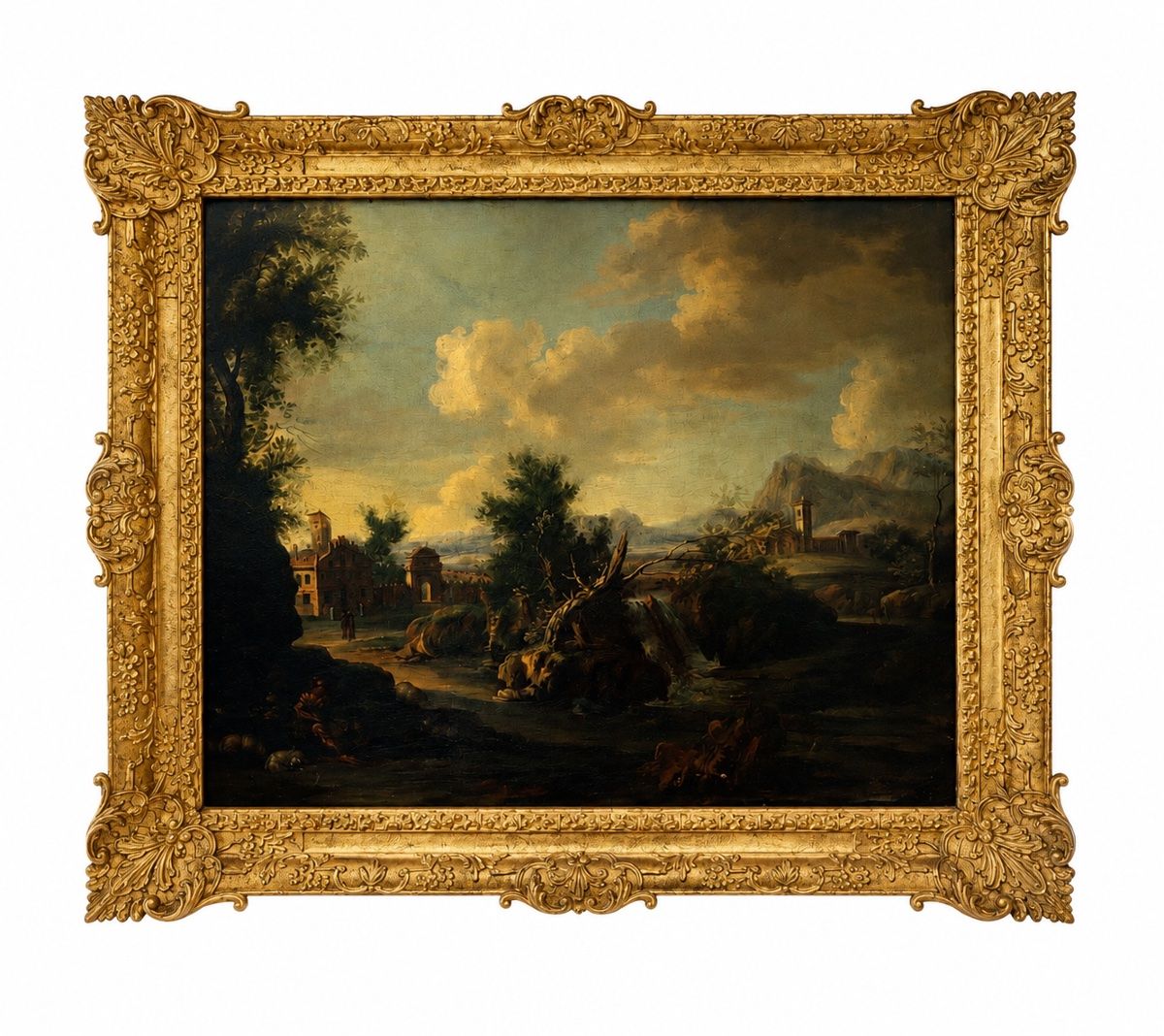 École italienne vers 1700 – Paysage à la forteresse près d’une cascade – Huile sur toile