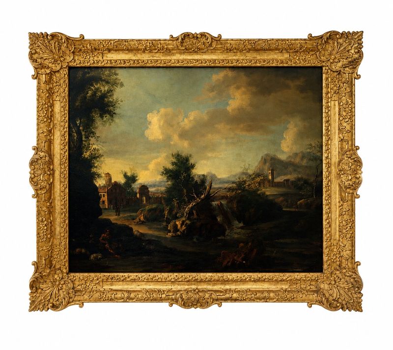 École italienne vers 1700 – Paysage à la forteresse près d’une cascade – Huile sur toile