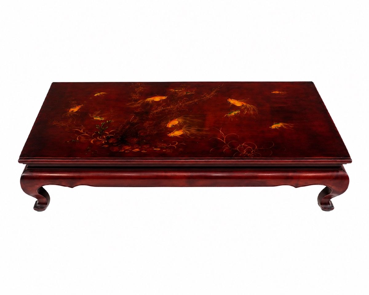 Table basse en laque signée Than Lê – Vietnam – Décor de poissons rouges – XXᵉ siècle