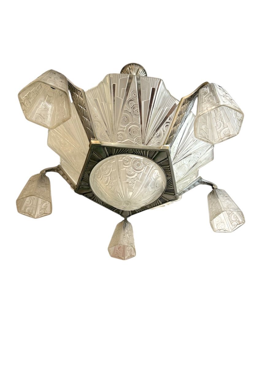 Lustre Art Déco Hettier-vincent Et Hanots Signé ( Lustres Art Deco 1930 )